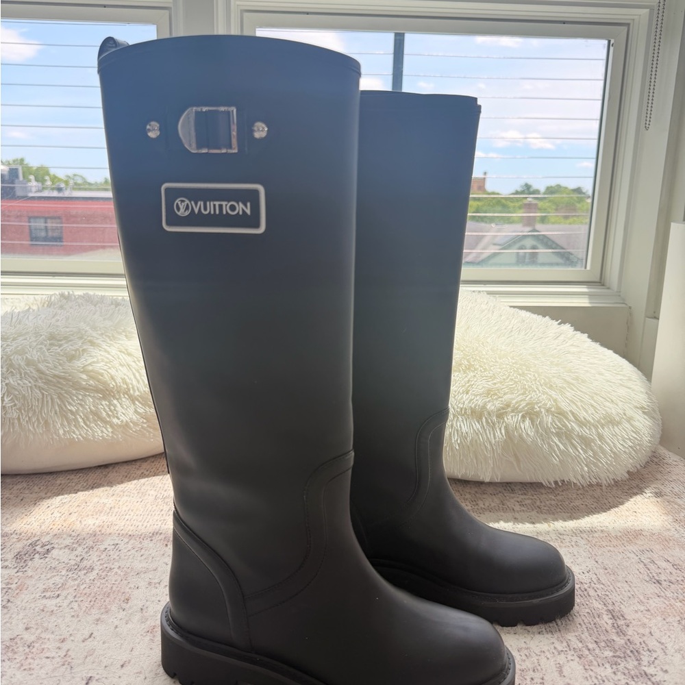 Louis Vuitton Black Over-the-Knee Rain Boots with Logo Plaque